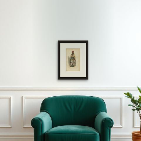 Antique Print of an Indian Sepoy Officer by Wahlen, '1843', shown framed on a wall