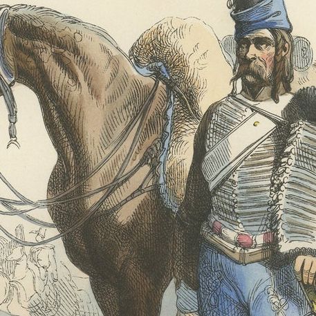French Hussar with Horse 1795, Napoleonic Era Military Uniform Print, 1843, close-up 5