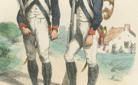 Imperial Guard Tirailleur and Voltigeur, Napoleonic Military Print, c1843, close-up 2