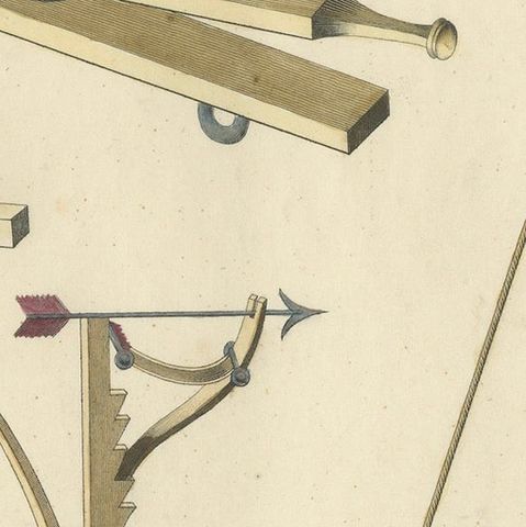 19th-Century Hand-Coloured Lithograph of Medieval Siege Engines and Catapults, close-up 4