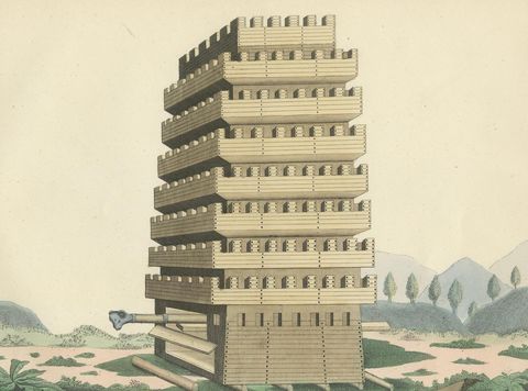 19th-Century Hand-Coloured Lithograph of a Multi-Level Medieval Siege Tower, close-up 1