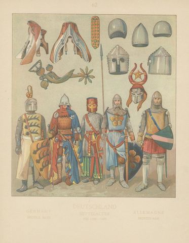 Medieval German Knights and Armor, Antique Hand-Colored Print c.1880, close-up 1