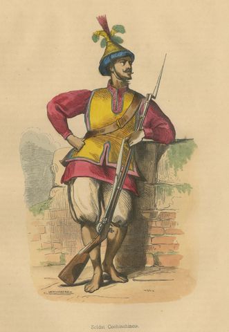 Striking 19th-Century Lithograph of a Cochin Soldier by Auguste Wahlen, close-up 1