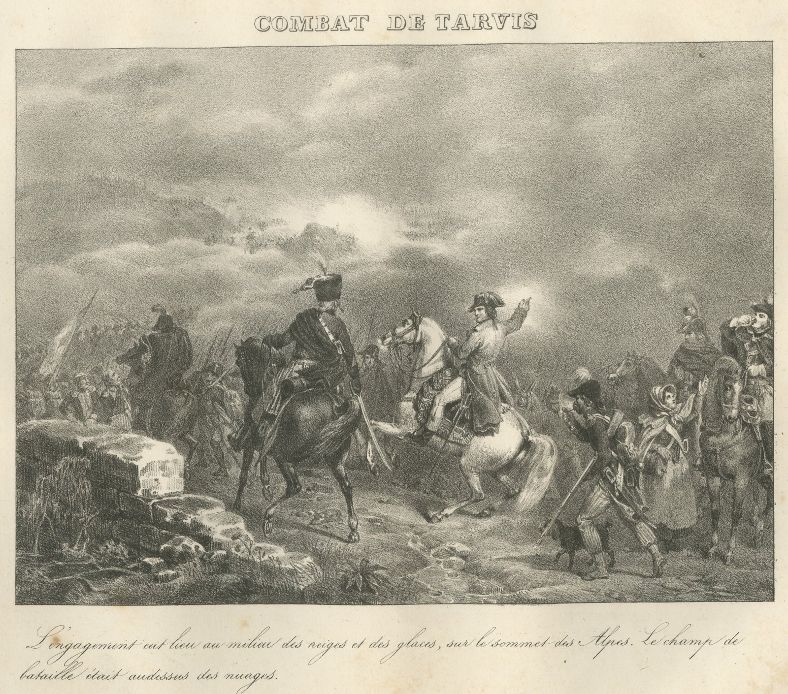 Combat of Tarvis, Battle above the Clouds, Antique Madou Lithograph, 1827