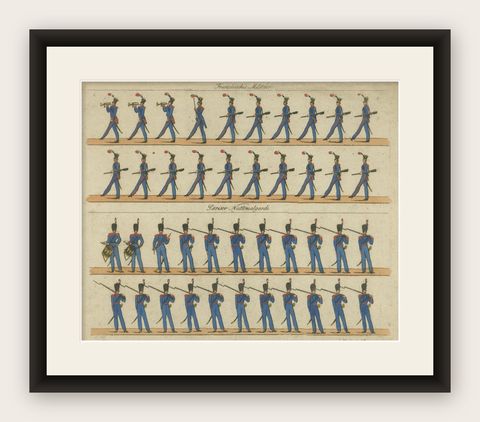 Antique Print of French Infantry Drill, Line Soldiers & National Guard, c.1800, shown framed