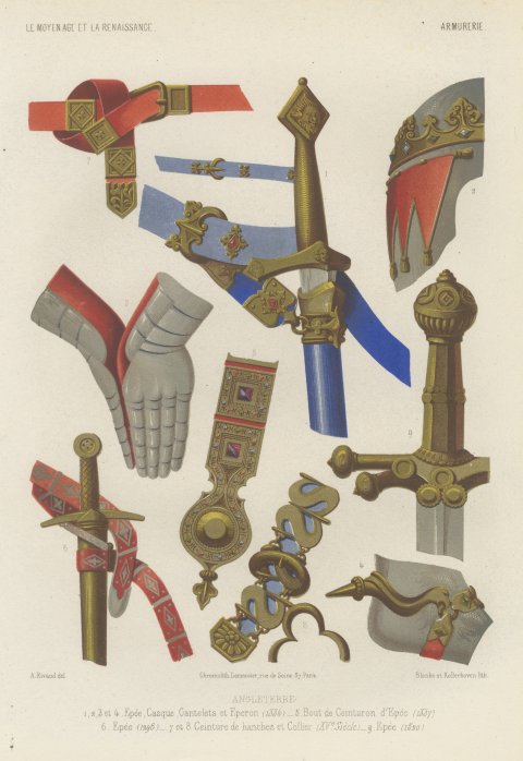 English Sword, Helm and Gauntlets, Antique Print, 1851