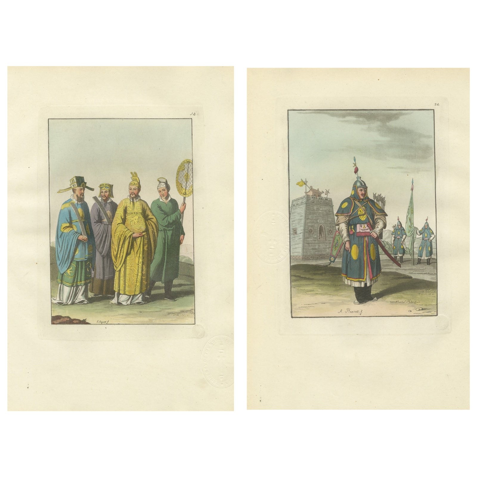 China Qing Court Officials & Armored Guard, Antique Hand-Colored Print Pair 1815