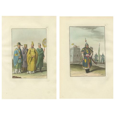 China Qing Court Officials & Armored Guard, Antique Hand-Colored Print Pair 1815