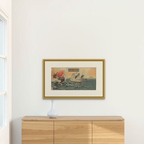 Battle of Port Arthur, Russo-Japanese War Woodblock Triptych, 1904, shown framed on a wall