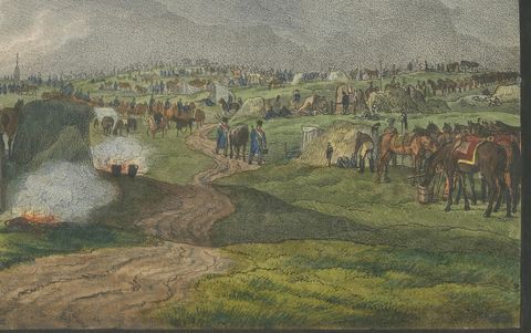 Napoleonic Military Encampment, Hand-Coloured Panoramic Aquatint, c1810, close-up 2