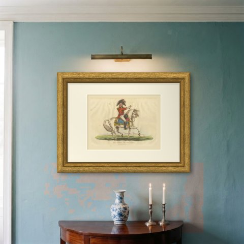 Sir Thomas Picton with Telescope on a Gray Horse Before an Army Camp, 1815, shown framed on a wall