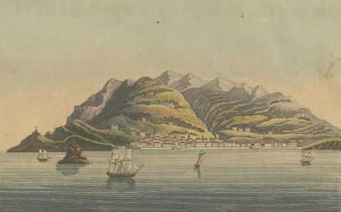 Views of Funchal and Fort Loo, Madeira, Hand-Colored Print from Bertuch, c.1800, close-up 1