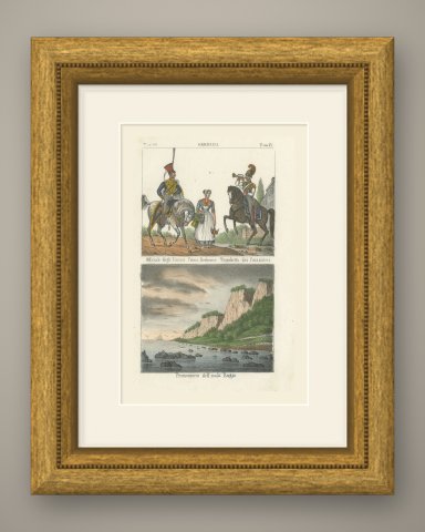 Hussar Officer, Berlin Cook and Cuirassier Trumpeter with the Rügen Cliffs, 1842, shown framed
