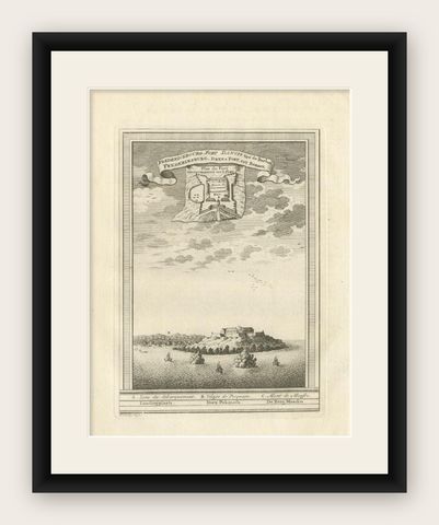 Antique Print of the Danish Fort of Groot Frederiksburg at Pokesoe, circa 1750, shown framed