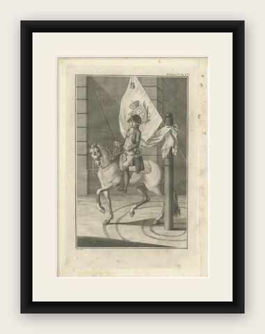 Portuguese Cavalry Officer with Royal Standard, Equestrian Engraving, 1790, shown framed