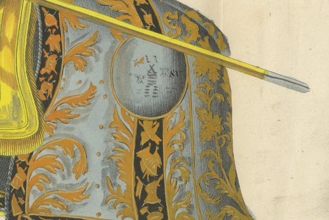 Knight in Full Tournament Armor on an Elaborately Caparisoned Horse, 1842 Litho, close-up 1