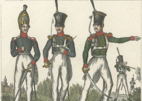 German Guard, Line and Chasseur Officers with an Artilleryman and Uhlan, 1842, close-up 1