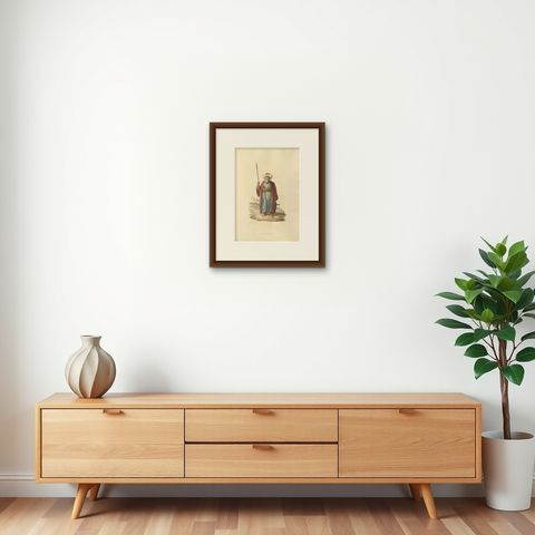 Antique Print of an Mameluke Officer, the Military Costume of Turkey , 1818, shown framed on a wall