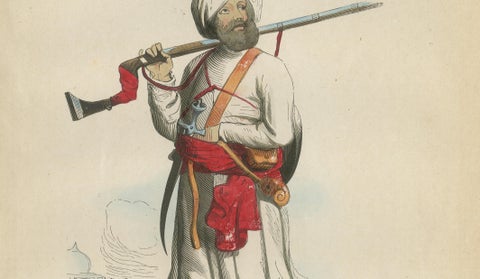 Antique Afghan Soldier Print, Hand-Colored Military Costume Lithograph, 1852, close-up 3