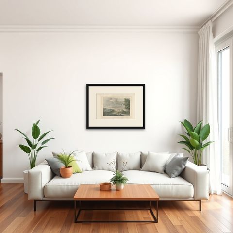 Antique Print with View of Fort Duurstede on Saparua, Indonesia, 1844, shown framed in a room