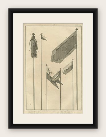 Ottoman Military & Ceremonial Standards, Engraving of Cavalry & Janissary Flags, shown framed