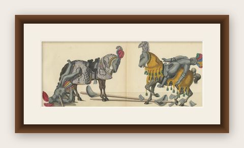 19th-Century Hand-Coloured Lithograph of Fallen Knights and Horses Post-Joust, shown framed