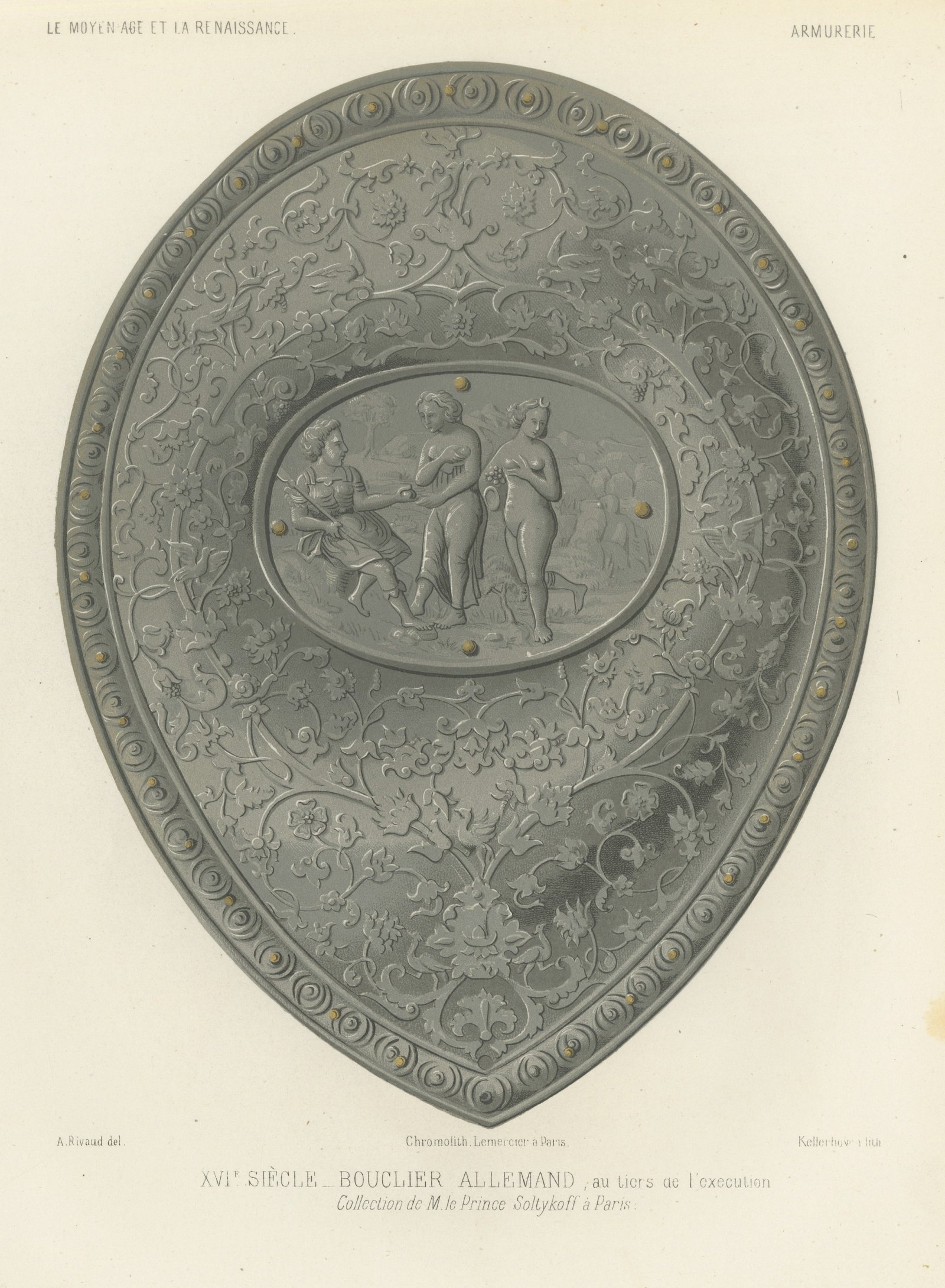 German Shield, Sixteenth Century, Soltykoff Collection, Antique Print, 1851