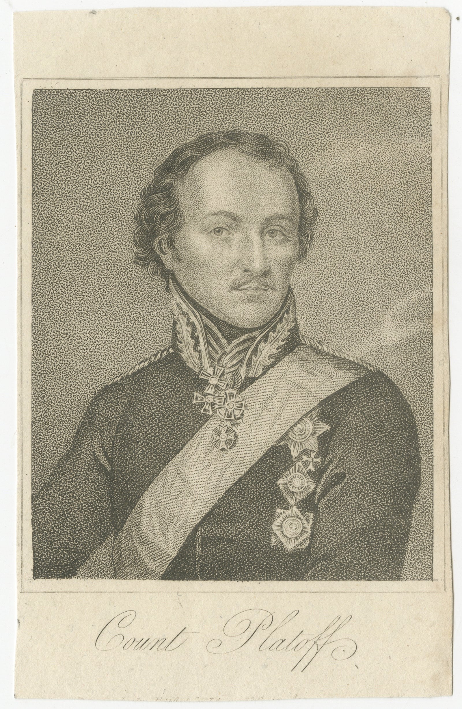 Antique Portrait Matvei Platov, Russian General, Engraving c.1815