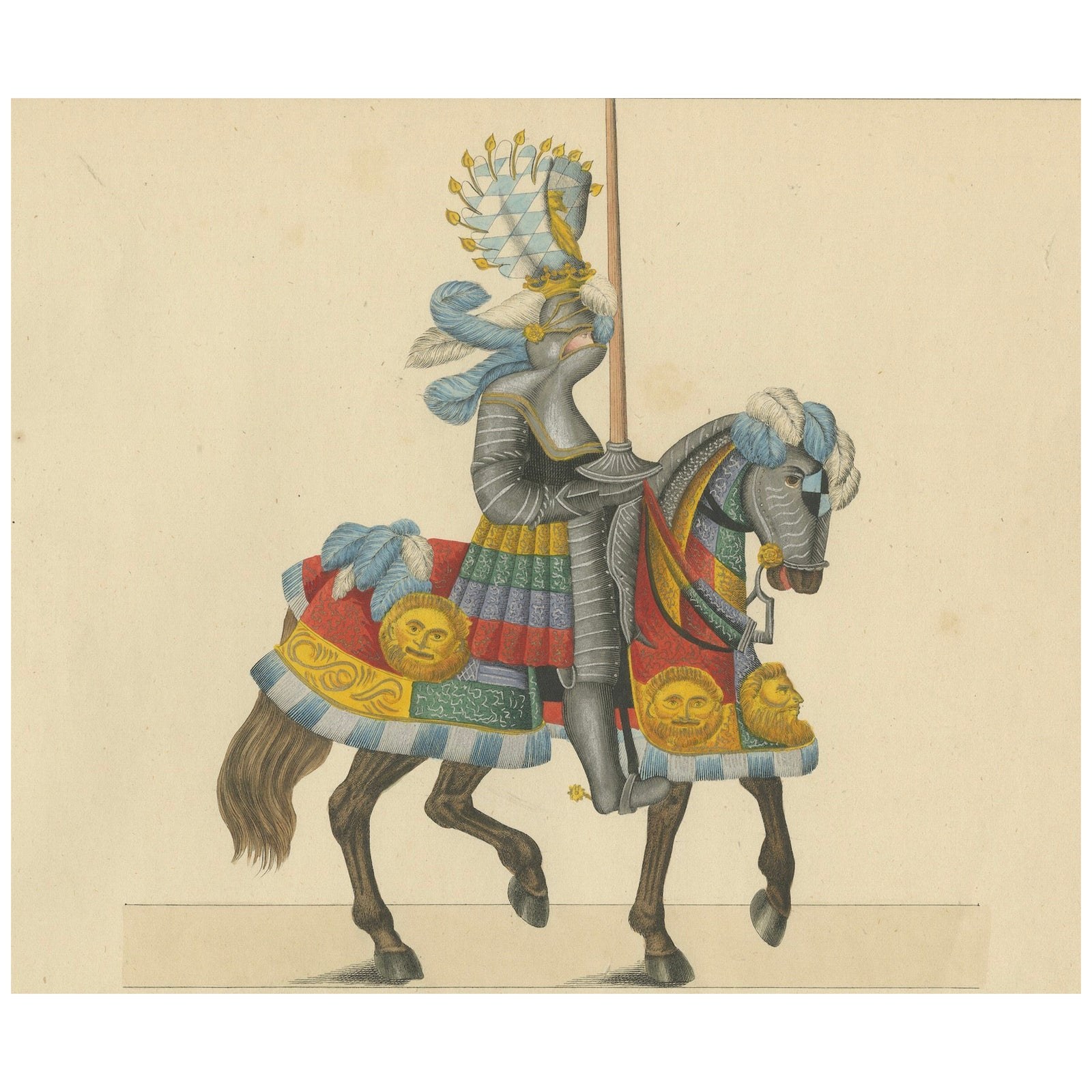 Hand-Coloured Knightly Parade Armour Print with Vibrant Heraldic Motifs, 1842