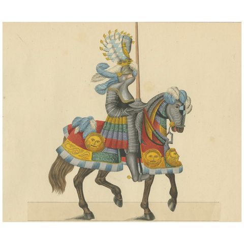 Hand-Coloured Knightly Parade Armour Print with Vibrant Heraldic Motifs, 1842