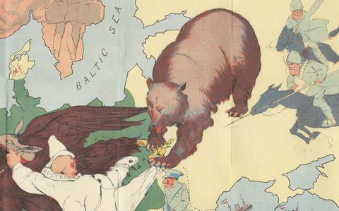 WWI Satirical Cartoon Map: 'Kill That Eagle' by J.H. Amschewitz, 1914, close-up 1