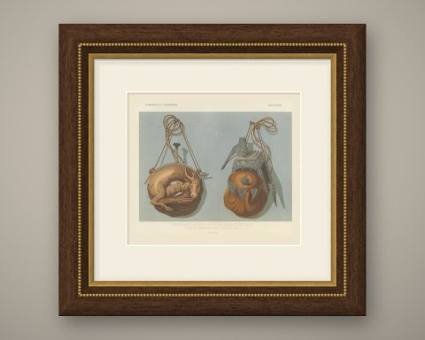 Hunting and War Powder Flasks, Brussels Artillery Museum, Antique Print, 1851, shown framed