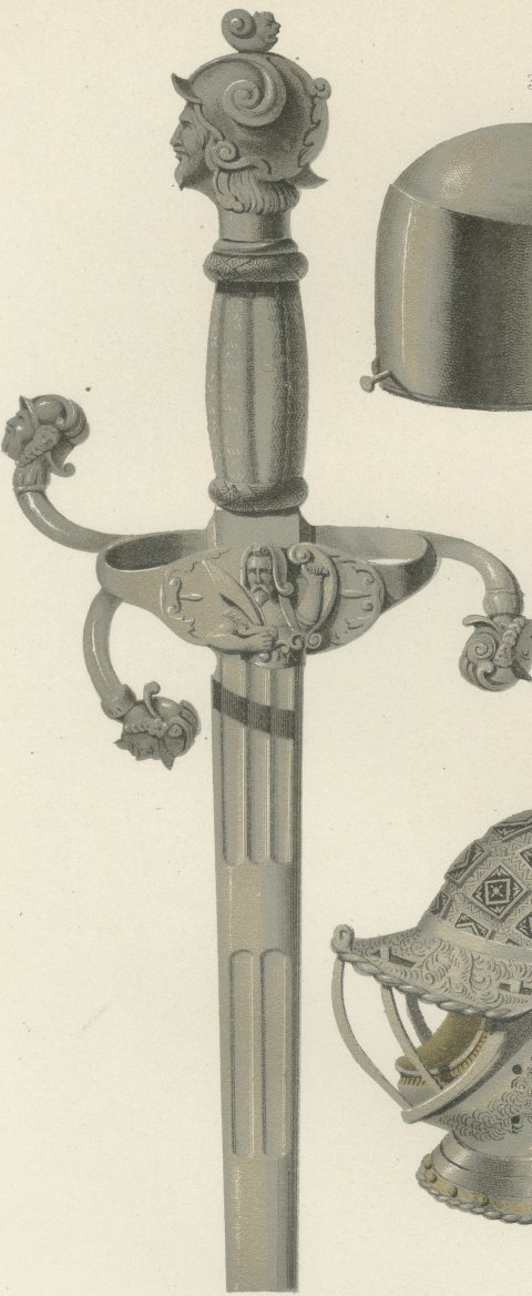 German and Italian Swords and Helmets, Antique Print, 1851, close-up 1