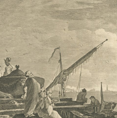 View in the Levant, Harbor Quay below a Fortress, Antique Engraving, circa 1820, close-up 3