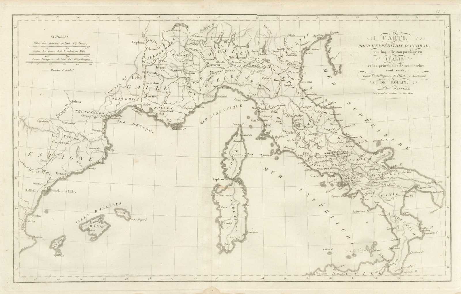 Hannibal's Expedition into Italy with His Marches Traced, d'Anville, 1818