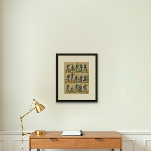Antique Print of Swedish Infantry, Rifle Drill & Combat Movements, c.1860–1870, shown framed on a wall