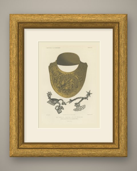 Sixteenth Century Gorget and Spurs, Soltykoff Collection, Antique Print, 1851, shown framed