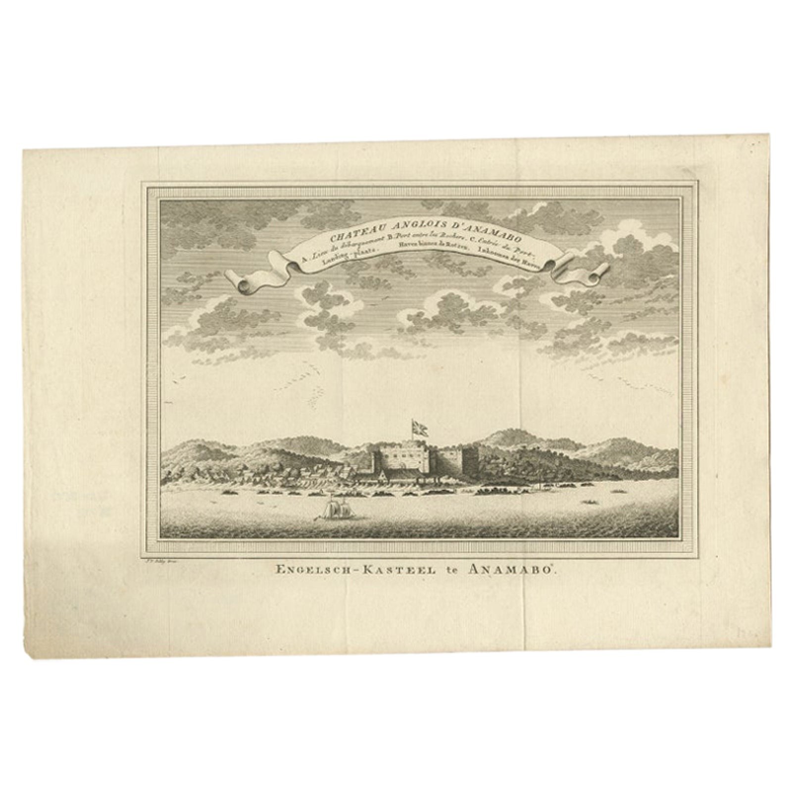 Antique Print of the Fort William at Anomabu, Central Region, Ghana, 1748