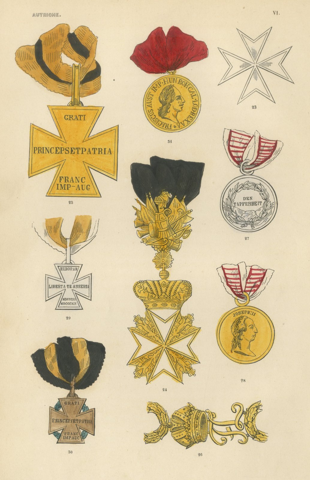 Orders of Austria, Campaign Crosses and Medals, Plate VI, Wood Engraving, 1844