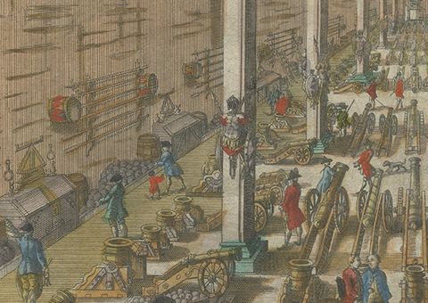 Perspective View of a Cannon Foundry, 18th-Century Hand-Colored Optical Print, close-up 2