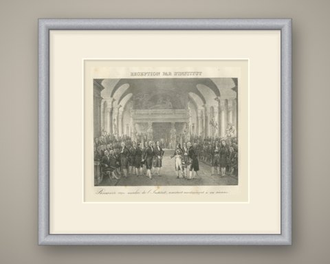Bonaparte Received by the Institut de France, Antique Madou Lithograph, 1827, shown framed