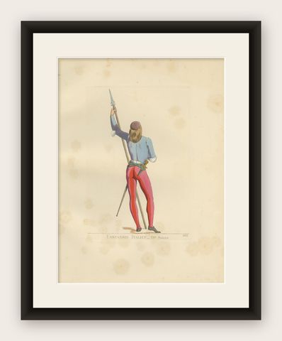 Antique Print of an Infantry Soldier, Italy, 15th Century, by Bonnard, 1860, shown framed