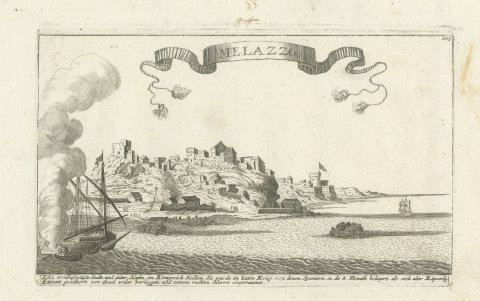 Milazzo (Melazzo), Sicily, Siege of 1718, Antique Engraving, circa 1720