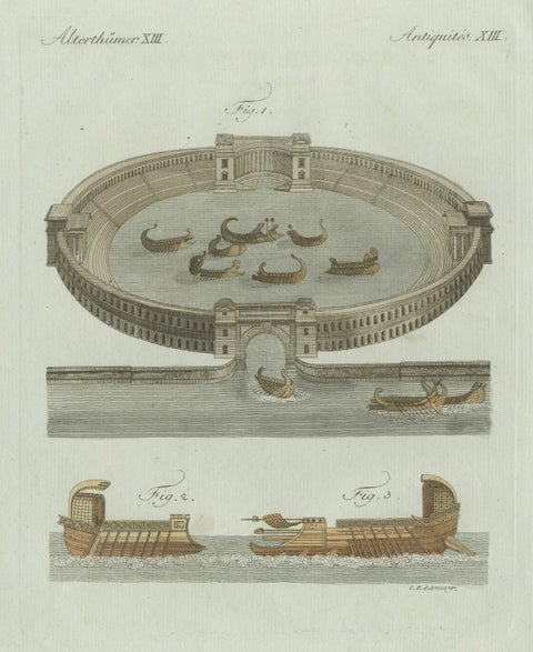 Original Antique Print of Roman Naval Battles and Warships by Bertuch, c. 1800, close-up 1