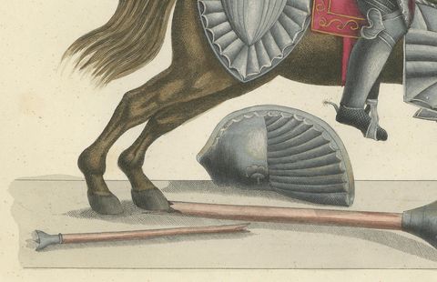 Hand-Coloured Lithograph of Knights in Aftermath of a Broken Lance Duel, 1842, close-up 2