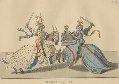 Medieval Knights in Combat, Elegant Hand-Colored Antique Print, France 1845, close-up 1