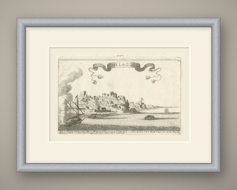 Milazzo (Melazzo), Sicily, Siege of 1718, Antique Engraving, circa 1720, shown framed