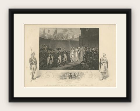 Antique India Print, Tipu Sultan Sons Surrender, Mysore War, c.1850, shown framed