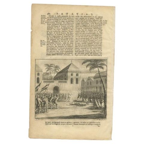 Old Print of a Battle near the Castle of Batavia in the Dutch East Indies, 1726