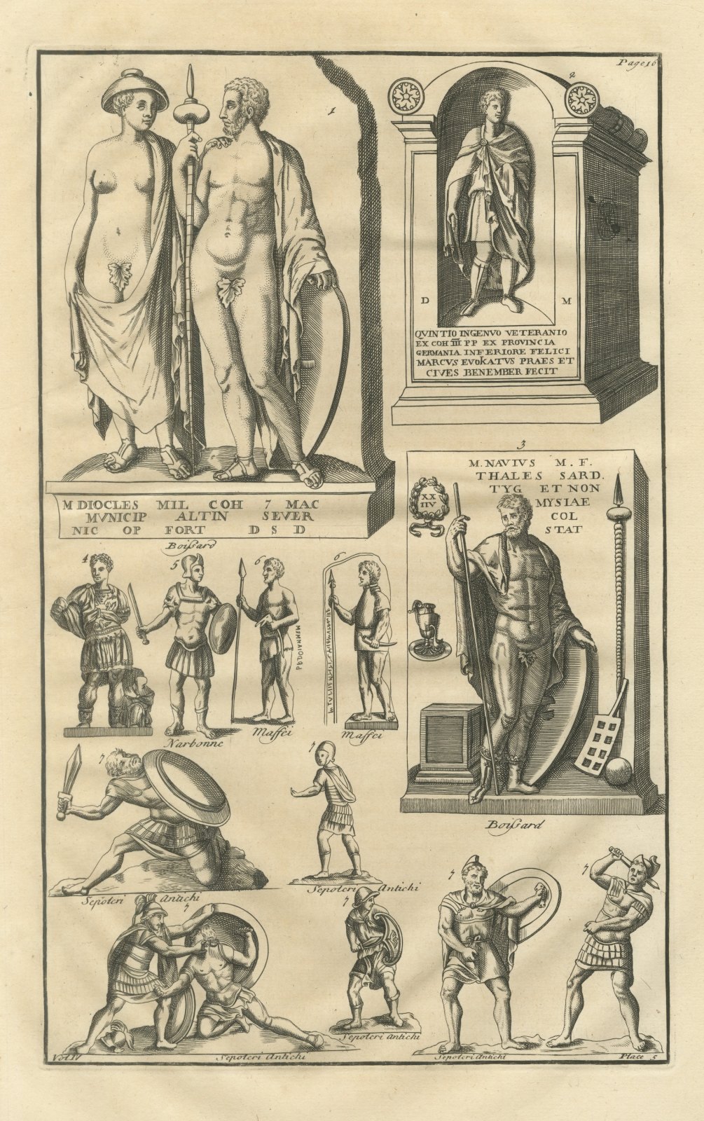 Funerary Monuments and Fighting Soldiers, Montfaucon Roman Plate, 1722